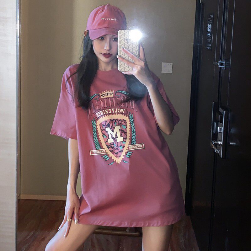 2022 Summer new loose ins Chains net red medium long version large version printed half sleeve blouse short sleeve t-shirt woman