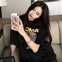 Net red black t-shirt woman ins overfire big code mid-length short sleeve loose Korean version printed pure cotton blouse womens damp