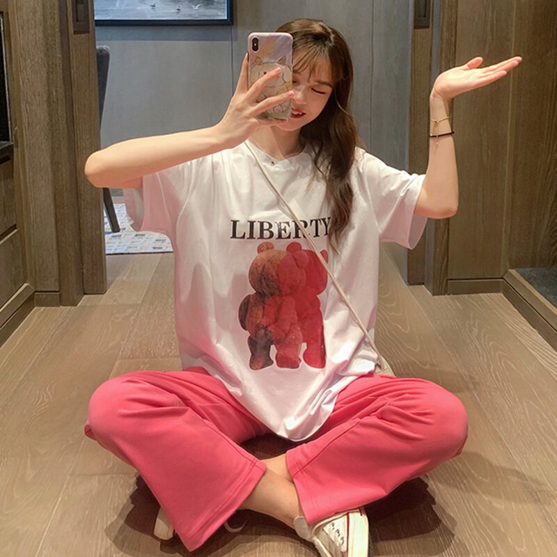 Short Sleeve Sports Casual Suit Women 2021 Xia's new Han version Loose Foreign Pie's Aging Broadlegged Pants Tooling Two Sets