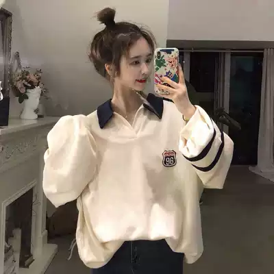 polo sweater 2020 new female ins lazy wind hooded long-sleeved Korean loose autumn and winter top bf tide pre-sale