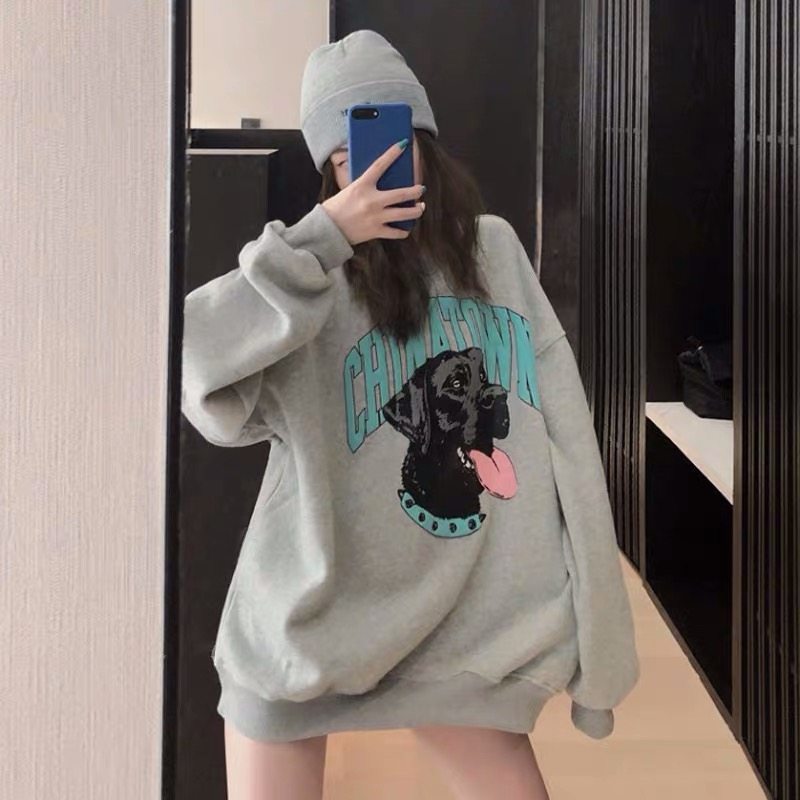 2020 new Korean version fleece autumn and winter sweater women's loose bf lazy wind round neck pullover long sleeve tide oversize