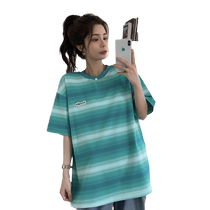 T-shirt for women 2021 new summer Korean version ins retro versatile striped half-sleeved loose round neck short-sleeved top trendy