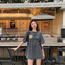 Grey Sunflower Smiley Face Short Sleeve T-Shirt Women Ins Tide 2021 Summer New 100 Hitch Loose And Slim Half Sleeve Blouse