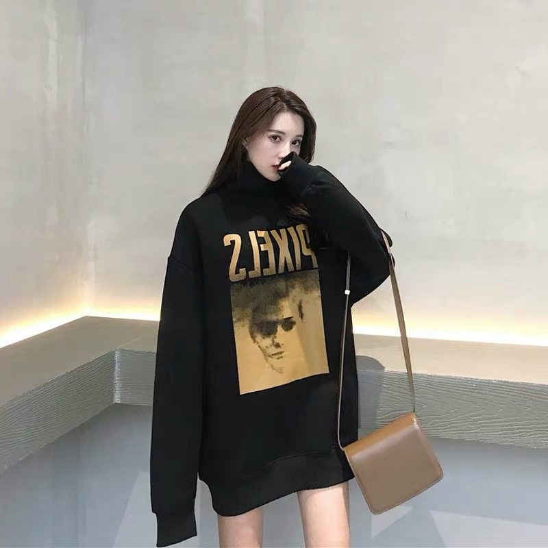 Black high collar thick cotton T women 2021 autumn and winter plus velvet padded European and American ins super hot lazy wind Joker coat