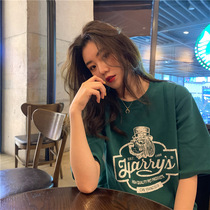 Green short sleeve t-shirt female puppy print blouse Summer 2020 new Korean version net red hyperfire ins loose and thin
