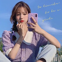 Summer clothes 2021 new Korean version Small sub-ocean air V Collar Bubble Sleeves Needle Weaseled Womens Net Red Sweatshirt Purple Blouse