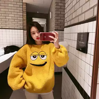 Lamb wool sweater thickened and velvet women's loose round neck BF lazy wind autumn and winter new cartoon mid-length top tide