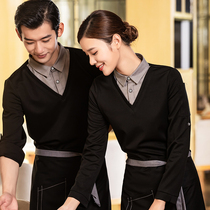 Catering waiter overalls long sleeves autumn and winter men and women hot pot milk tea coffee shop hotel restaurant shirt set