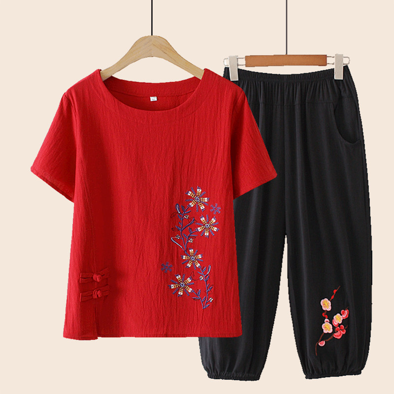 Large size women's clothing 50-year-old mother summer dress suit foreign pie cotton linen short sleeve t-shirt summer middle-aged woman with reduced-age blouses