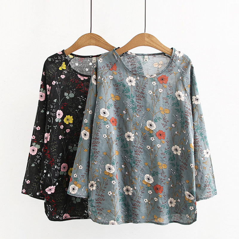 Mid-old age large size Mama summer clothing cotton linen thin style undershirt woman mid-year fat mom foreign crummy blouse covered with flowers