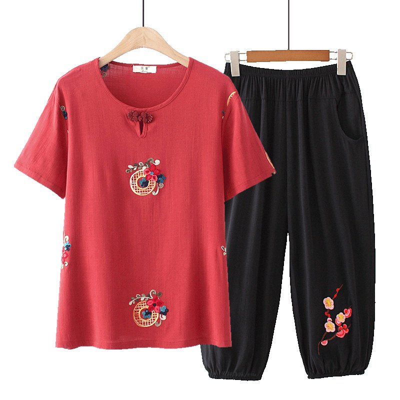 Middle - aged mom dress 2022 new summer sleeve t - shirt two pieces of female air - cotton cotton tops