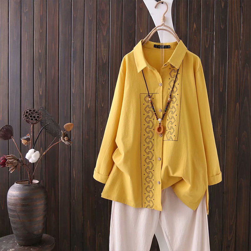 Middle-aged and elderly women's clothing, fat mother, plus fertilizer, plus size, autumn clothing, cotton and linen shirt, middle-aged mother, spring and autumn loose top