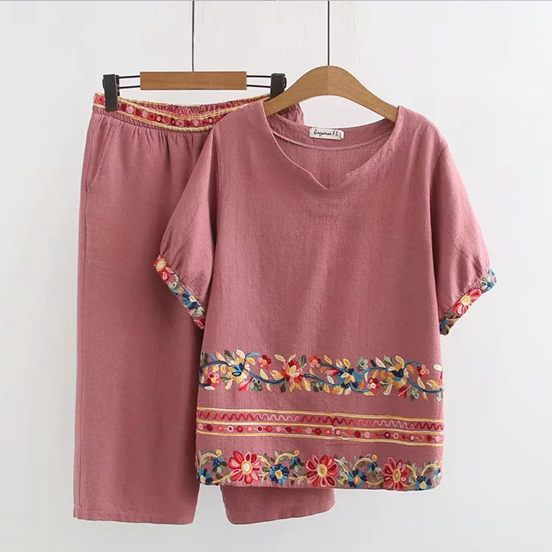 Older women dress Charfat moms big size summer cotton linen suit women gats up and more mom summer clothes two-style foreign pie