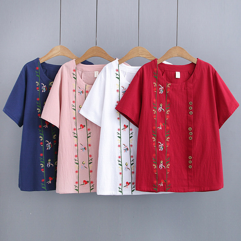 Mid-Aged Women Dress Big Size Mother Dress 2021 New Summer Dress National Wind Short Sleeve Woman Mid-Year Lady Foreign Pie