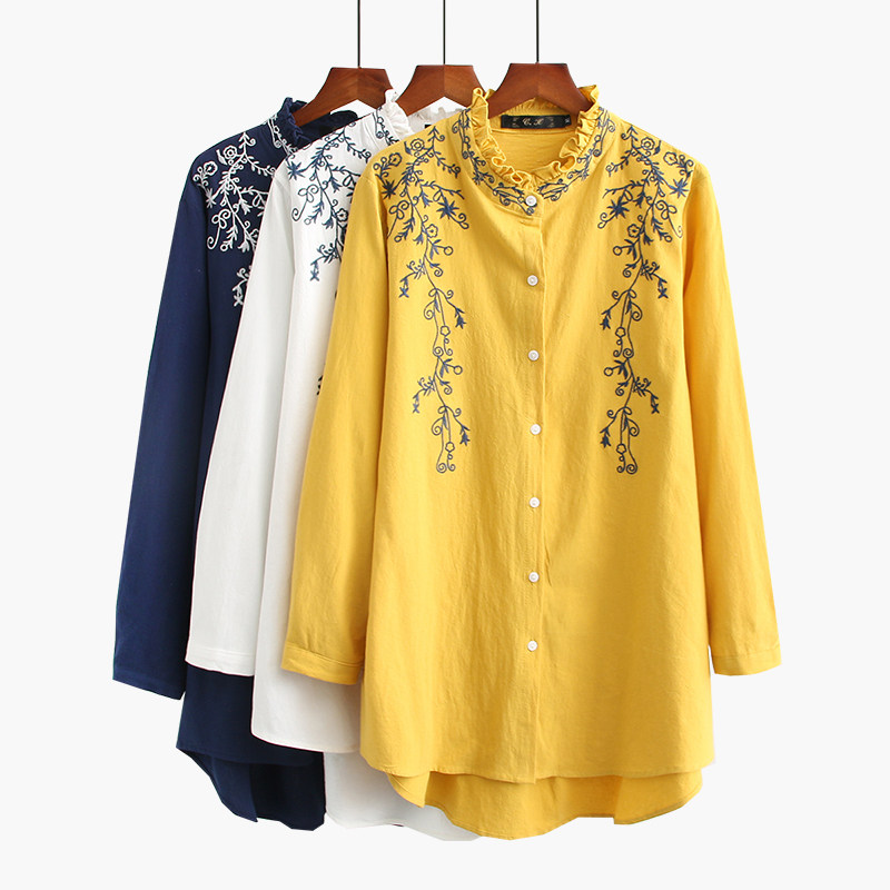 Middle-aged women's clothing plus size 40-year-old mother's autumn clothing cotton and linen shirt fat mother's belly-covering shirt long-sleeved western style
