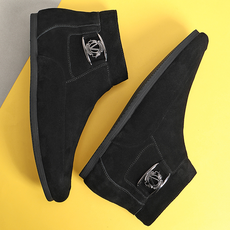 nubuck leather high tube casual leather shoes men's 2022 autumn and winter Korean version trend suede leather shoes black shoes men