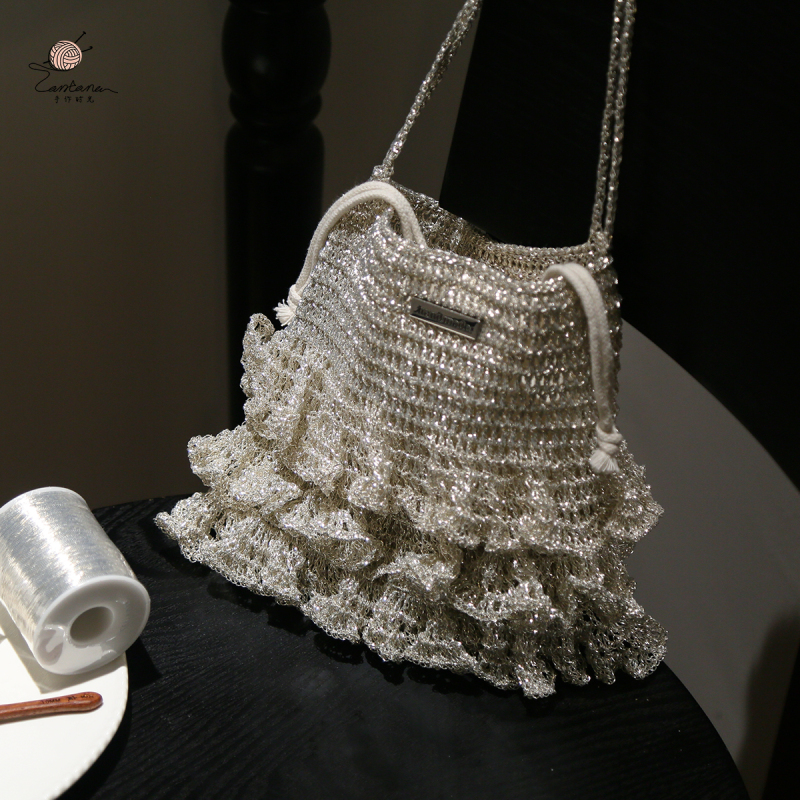 Moonlight Silver Ballet Dress Bag Shiny Silver DIY Material Handmade Crochet ins Style Niche Single Shoulder Hollow Out Women's Bag Moonlight Silver Ballet Dress Bag Shiny Silver DIY Material Handmade Crochet ins Style Niche Single Shoulder Hollow Out Women's Bag