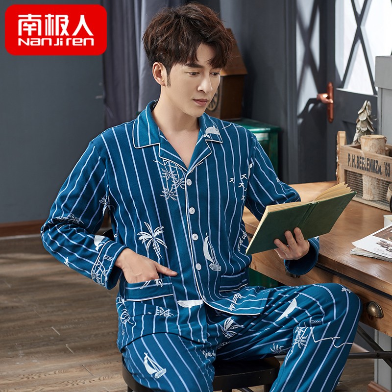 Mens đồ ngủ cotton dài tay mùa xuân và mùa thu cha ở tuổi trung niên làm tăng kích thước của mùa thu cardigan bộ lỏng lẻo bông cotton mỏng.