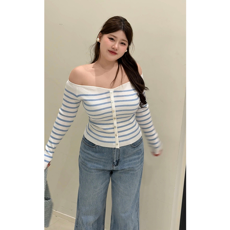 Dmcc [Light Blue Soda] Cool Off-Shoulder Blue and White Striped Top for Women, Summer Plus Size Base Shirt