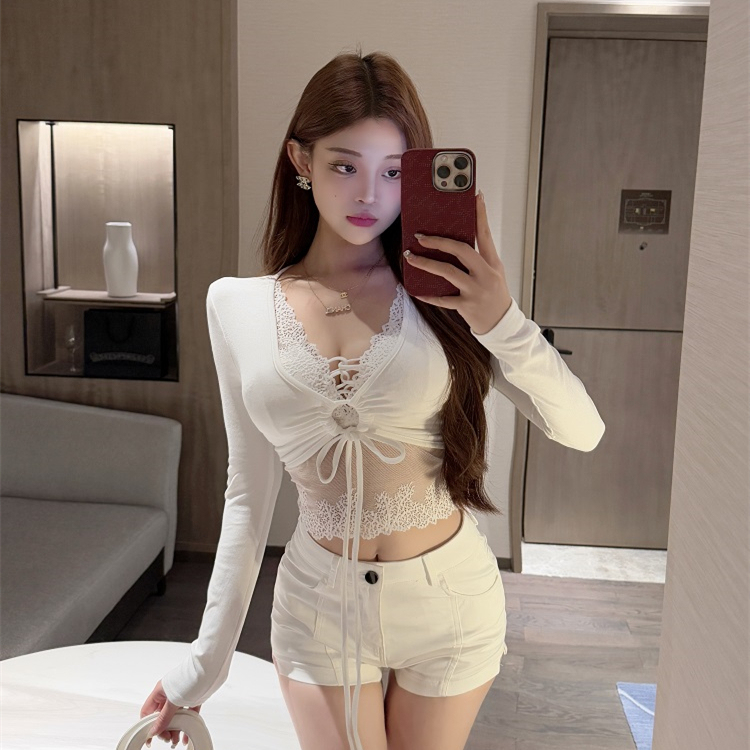 Luna Sexy Lace Layered Two-Piece T-Shirt Set for Women, Early Spring Pure Desire Style, Slimming Short Hot Girl Top