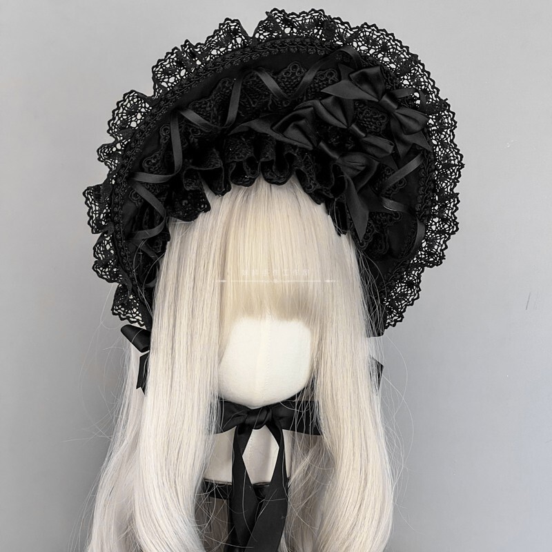 【Maid】Original Handmade Lolita Black Lace Bonnet, Dark Gothic Style Bnt, Color Changeable