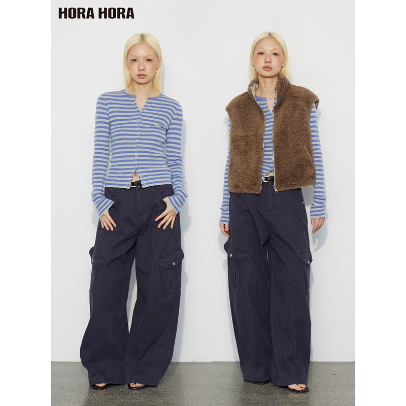 Zhou Yeyong's Same Style Horahora Round-Neck Tight-Fitting Korean-Style Mother-Of-Pearl Button Blue-Gray Striped Knitted Cardigan Sweater Zhou Yeyong's Same Style Horahora Round-Neck Tight-Fitting Korean-Style Mother-Of-Pearl Button Blue-Gray Striped Knitted Cardigan Sweater