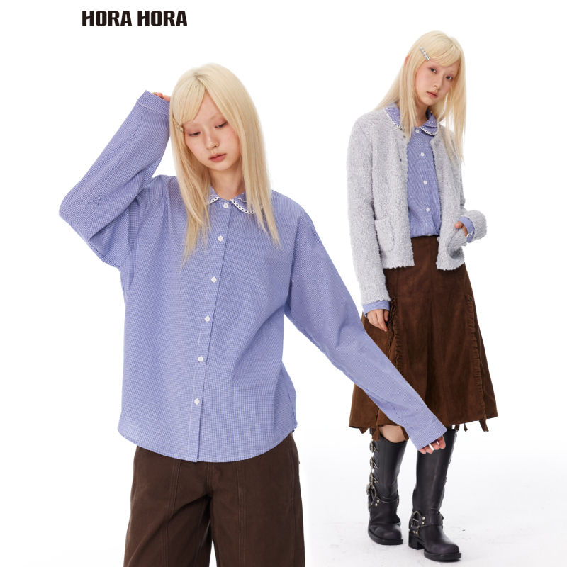 Horahora Retro Pure Cotton Blue Fine Plaid Cut Out Double-Layer Embroidered Lace Doll Collar Loose Long-Sleeved Shirt Horahora Retro Pure Cotton Blue Fine Plaid Cut Out Double-Layer Embroidered Lace Doll Collar Loose Long-Sleeved Shirt