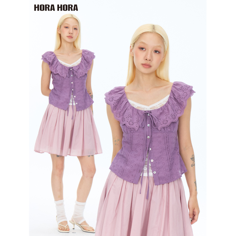 Li Xirui's Same Style Horahora Girly Purple Flutter Sleeve Ruffled Collar Lace Fake Two-Piece Top Doll Shirt Li Xirui's Same Style Horahora Girly Purple Flutter Sleeve Ruffled Collar Lace Fake Two-Piece Top Doll Shirt