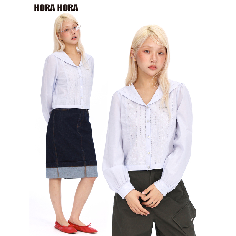 Horahora Retro Girl's Sky Blue Navy Collar Three-Dimensional Hollow Jacquard Embroidered Short Cardigan Shirt Top