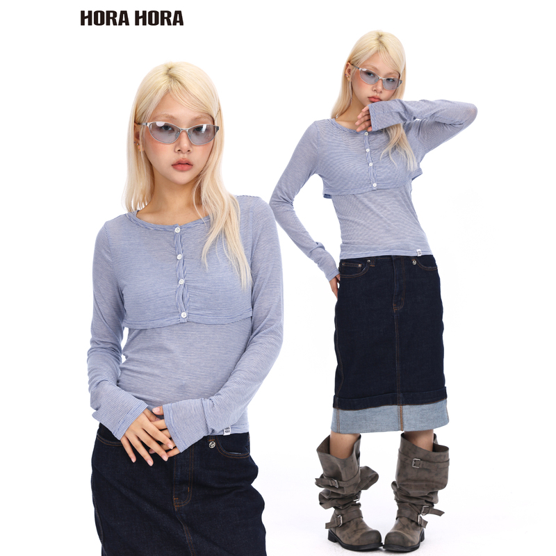 Horahora Sweet and Cool Blue Pinstripe Cardigan Sleeveless Vest Two-Piece Set Lyocell Wool T-Shirt Horahora Sweet and Cool Blue Pinstripe Cardigan Sleeveless Vest Two-Piece Set Lyocell Wool T-Shirt