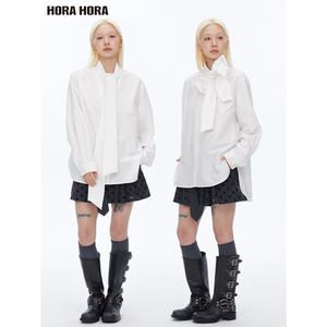 Chen Yuqi's Same Style Horahora Oversized Loose Mid-Length White Shirt with Large Bow Tie and Ribbon Tie