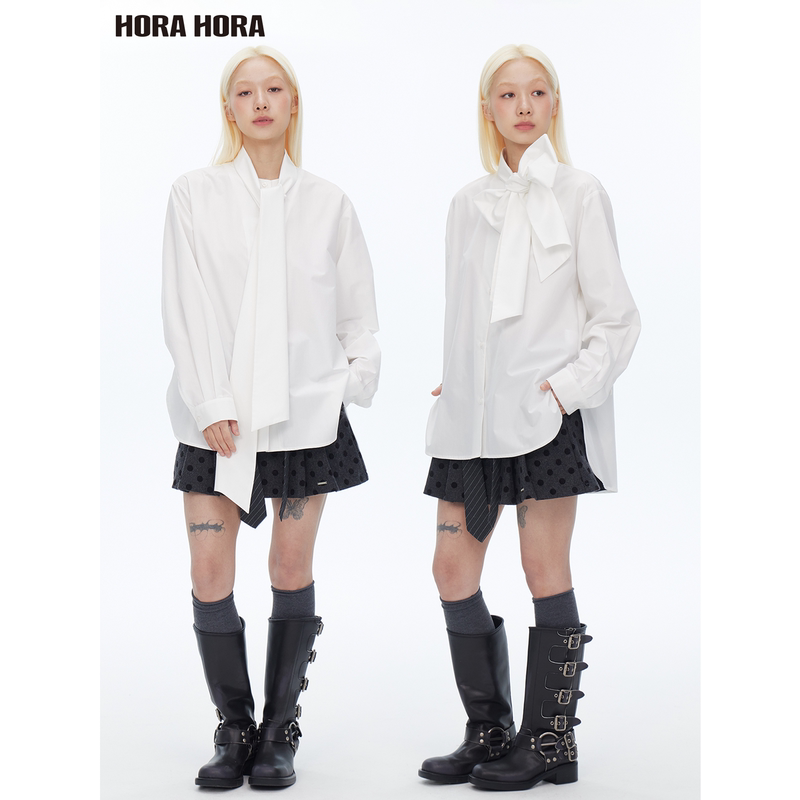 Chen Yuqi's Same Style Horahora Oversized Loose Mid-Length White Shirt with Large Bow Tie and Ribbon Tie