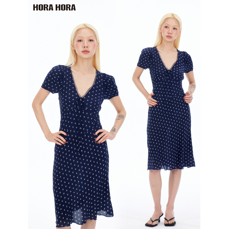 Horahora French Retro Slim-Fit Navy Blue Printed Short-Sleeve Puff-Sleeve V-Neck Lace Bodycon Dress Horahora French Retro Slim-Fit Navy Blue Printed Short-Sleeve Puff-Sleeve V-Neck Lace Bodycon Dress