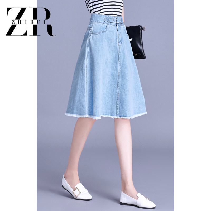 2022 new Summer Korean version Jeans Slim Fit Slim Fit Mid Dress Slim Fit High Waist Umbrella Dress Light Colored Wool Side A