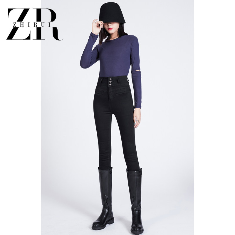 Black High Waist Retro Button-down Jeans Women 2022 Fall New Closets Slim Warm Pants Pencil Smoke Tubes Pants