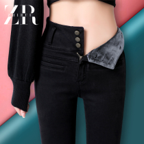 Breasted plus velvet jeans womens 2021 autumn and winter high waist belly pants elastic thickened warm black long pants