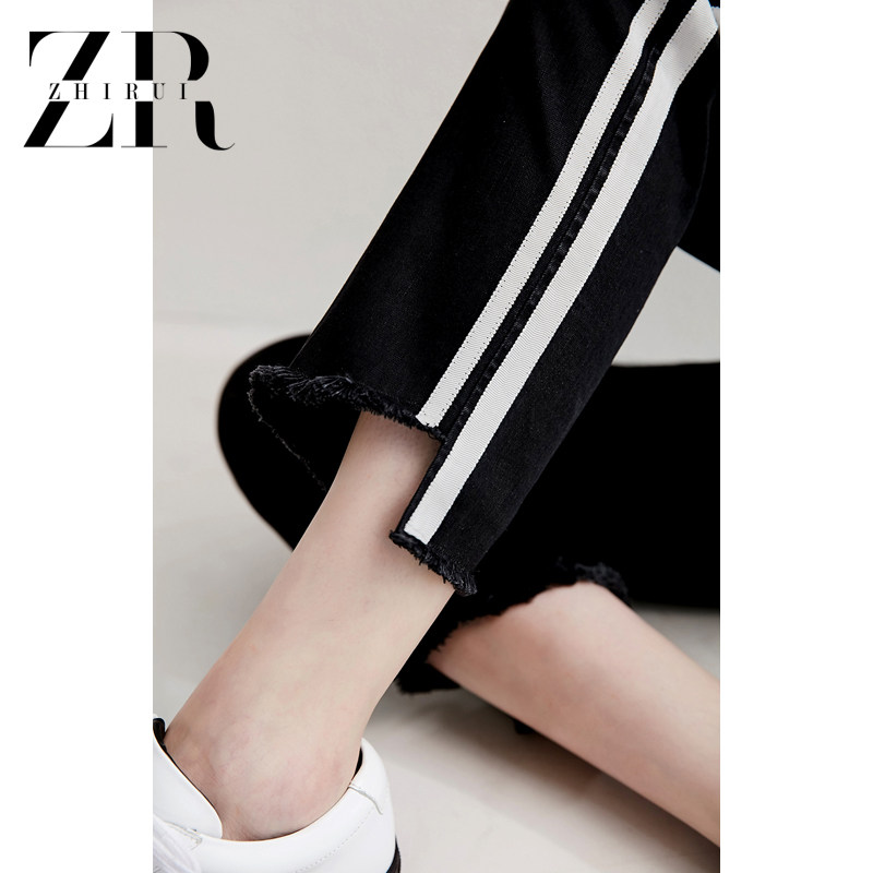 (clear warehouse special price) High waist denim small straight cylinder pants female elastic display slim Han version irregular hair side 90% pants-Taobao