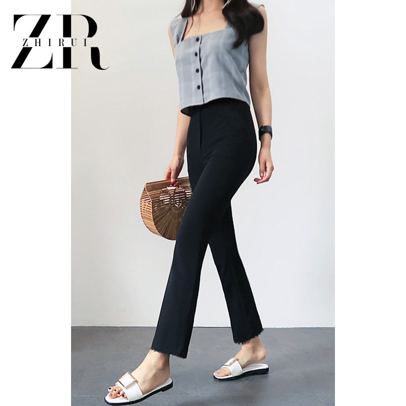 Black high-waisted denim flared pants women's summer burr micro-la nine-point pants Stretch thin Korean version of the small eight-point pants