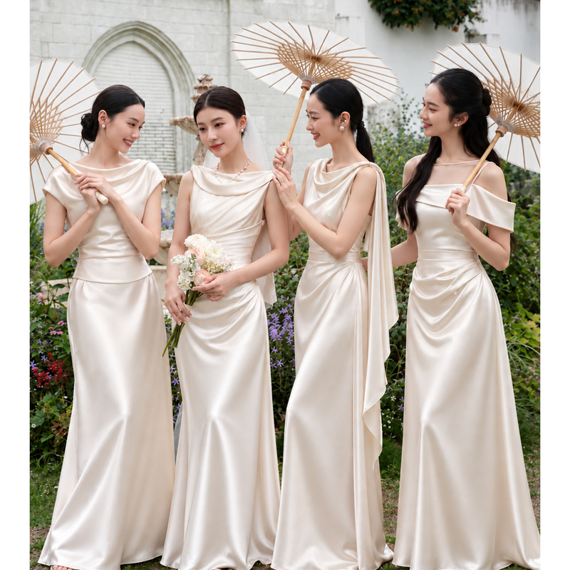 French-Style Satin Bridesmaid Dress 2026 New Champagne Color Wedding Light Luxury Niche Sister Group Evening Dress Suitable for Daily Wear French-Style Satin Bridesmaid Dress 2026 New Champagne Color Wedding Light Luxury Niche Sister Group Evening Dress Suitable for Daily Wear