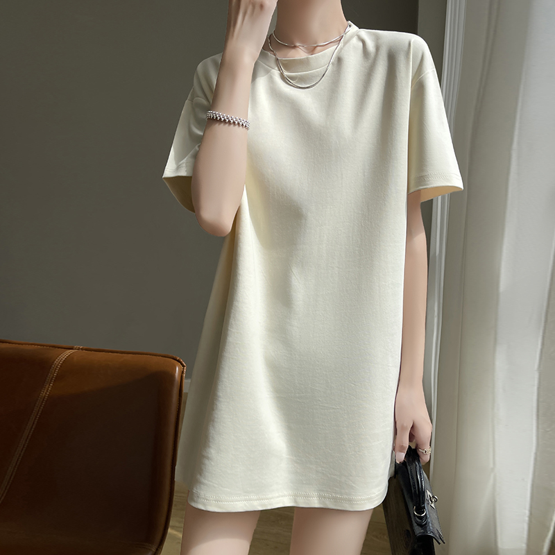 Cool Cotton T-Shirt for Women, Mid-Length, Covers the Buttocks, Loose Casual Base T-Shirt Top, Korean Style, Solid Color, Versatile Short-Sleeve Cool Cotton T-Shirt for Women, Mid-Length, Covers the Buttocks, Loose Casual Base T-Shirt Top, Korean Style, Solid Color, Versatile Short-Sleeve