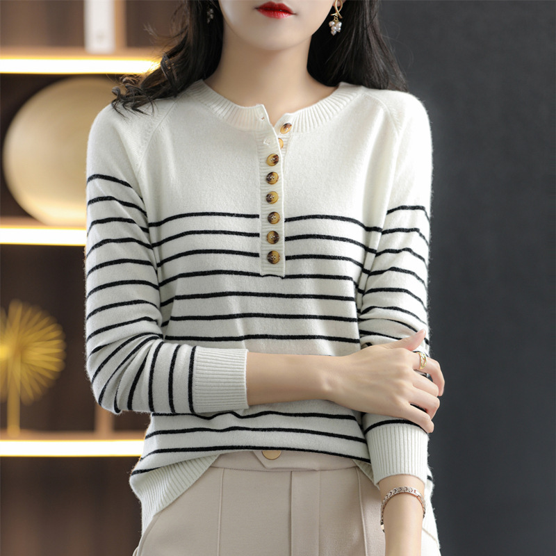 French Retro Stripesd 100 Pure Cotton Knitted Knitwear for Women 2026 New Half-Open Collar Pullover Long-Sleeved Knitwear