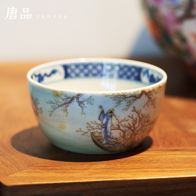 Pastel blue glasses full moon teacup, poetic masters cup tuba li bai bowl of jingdezhen ceramic tea set