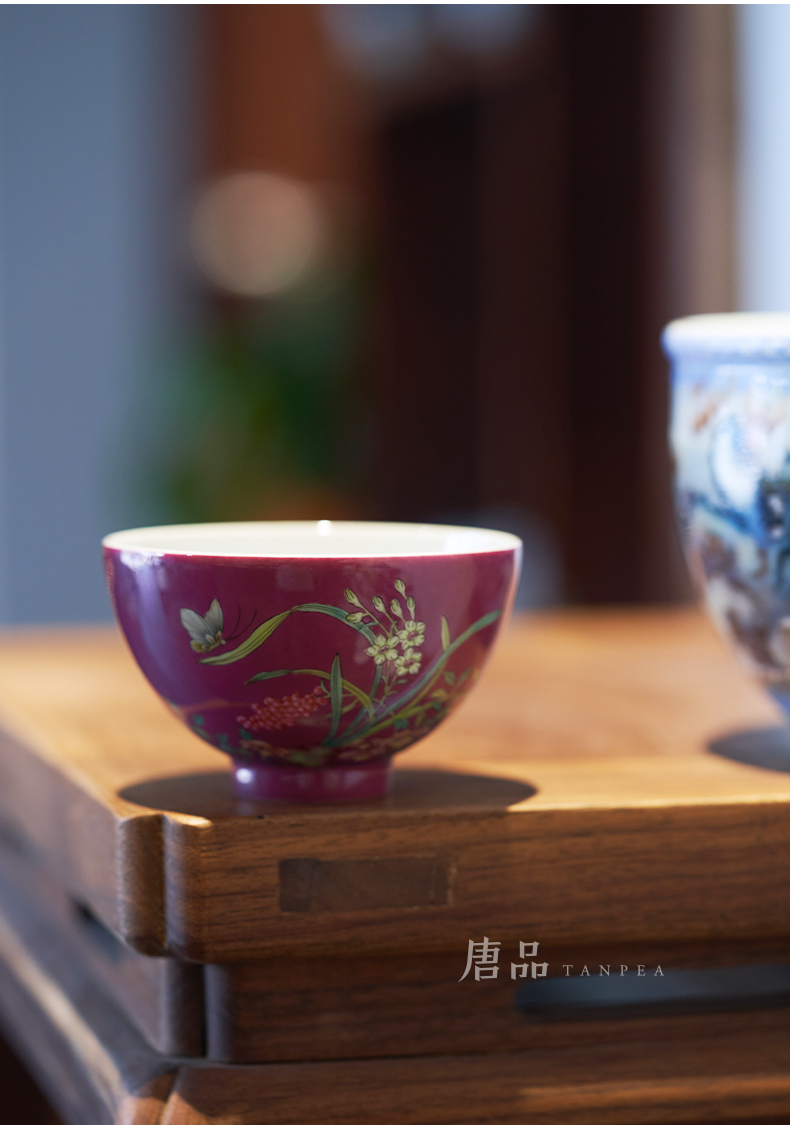 Colored enamel carmine flowers personal Lord kung fu tea cup of jingdezhen ceramic cups butterfly orchid single CPU