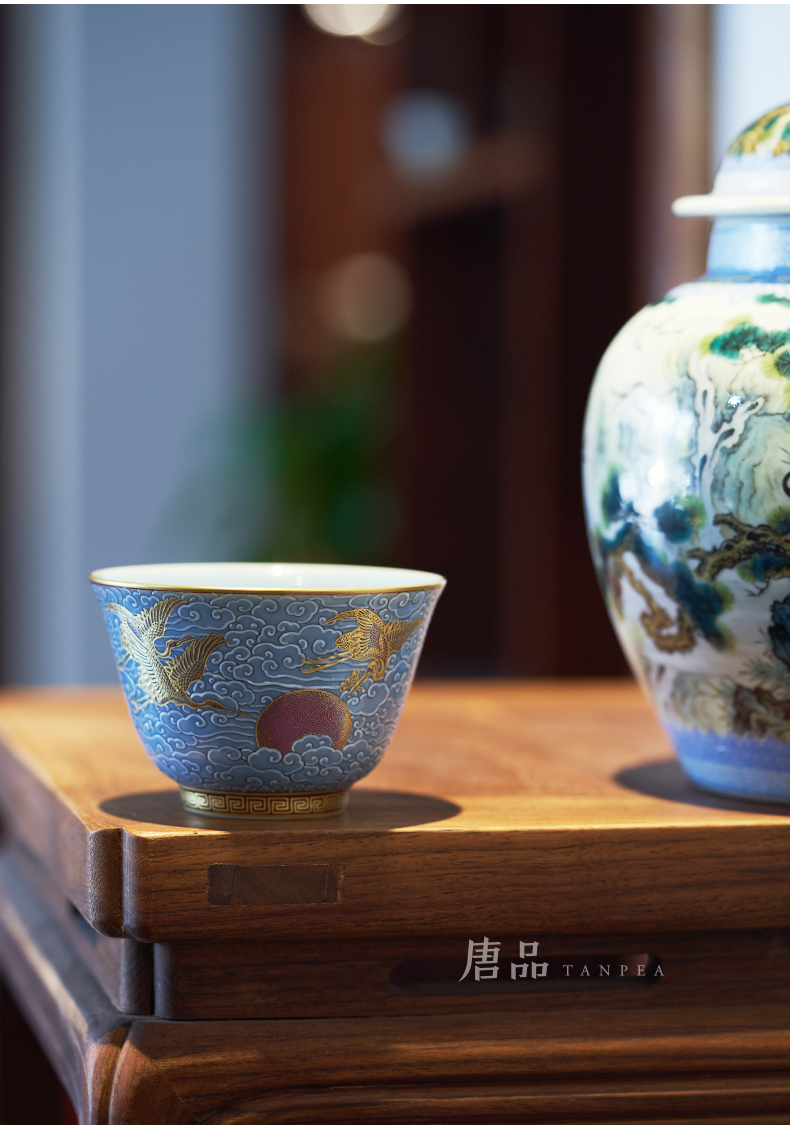 Colored enamel xiangyun cranes teacup azure glaze master cup paint single CPU jingdezhen tea set gift collection by hand