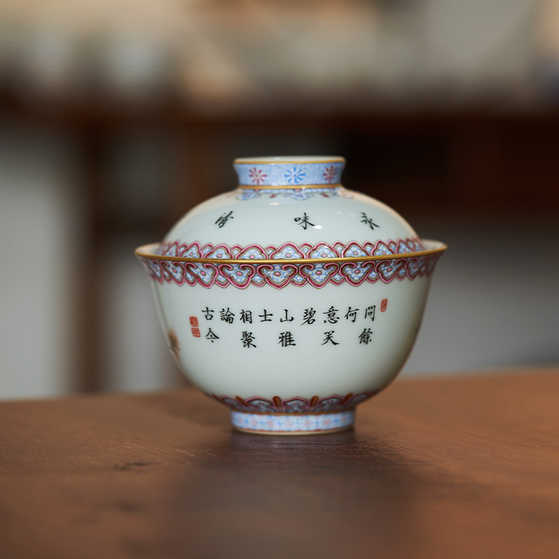 Jingdezhen pastel tureen landscape character of heaven and earth tureen ceramic large cup tea bowl of kung fu tea set collection
