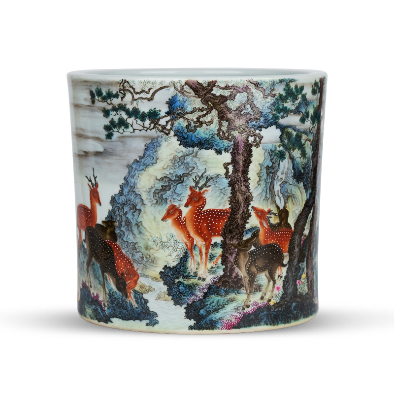 Pastel lulu smoothly brush pot hand made sika deer painting the receive cylinder jingdezhen ceramic tube of archaize scroll furnishing articles