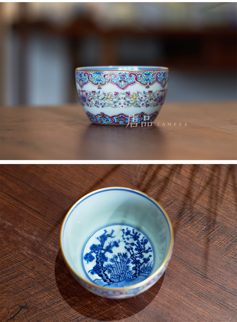 Tang Pin colored enamel kung fu tea cups large master cup put lotus flower ruyi jingdezhen blue and white glass ceramics by hand