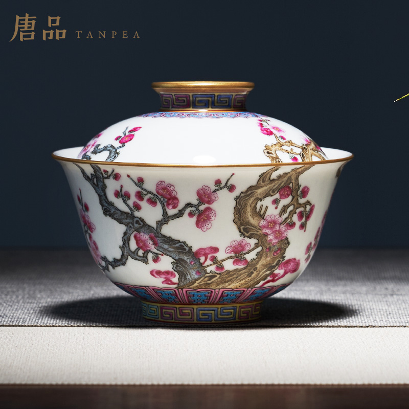 Colored enamel hand wintersweet name plum blossom put tureen satisfied grain tea bowl of jingdezhen ceramic large - sized kung fu tea cups