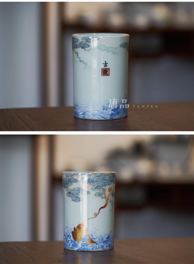 Powder enamel enamel auspicious more pen container full manual seawater goldfish little brush pot document room paint antique porcelain furnishing articles