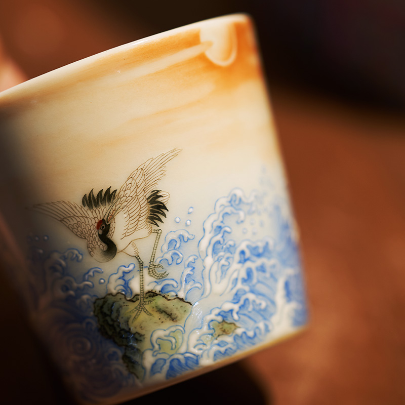 Pastel Dan crane chaoyang teacup full manual cranes water straight expressions using CPU personal Lord jingdezhen ceramic kung fu tea set